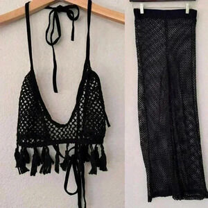 Black Crochet Fringe Halter Tie Crop Swim Boho Festival Top And Pants Set Small